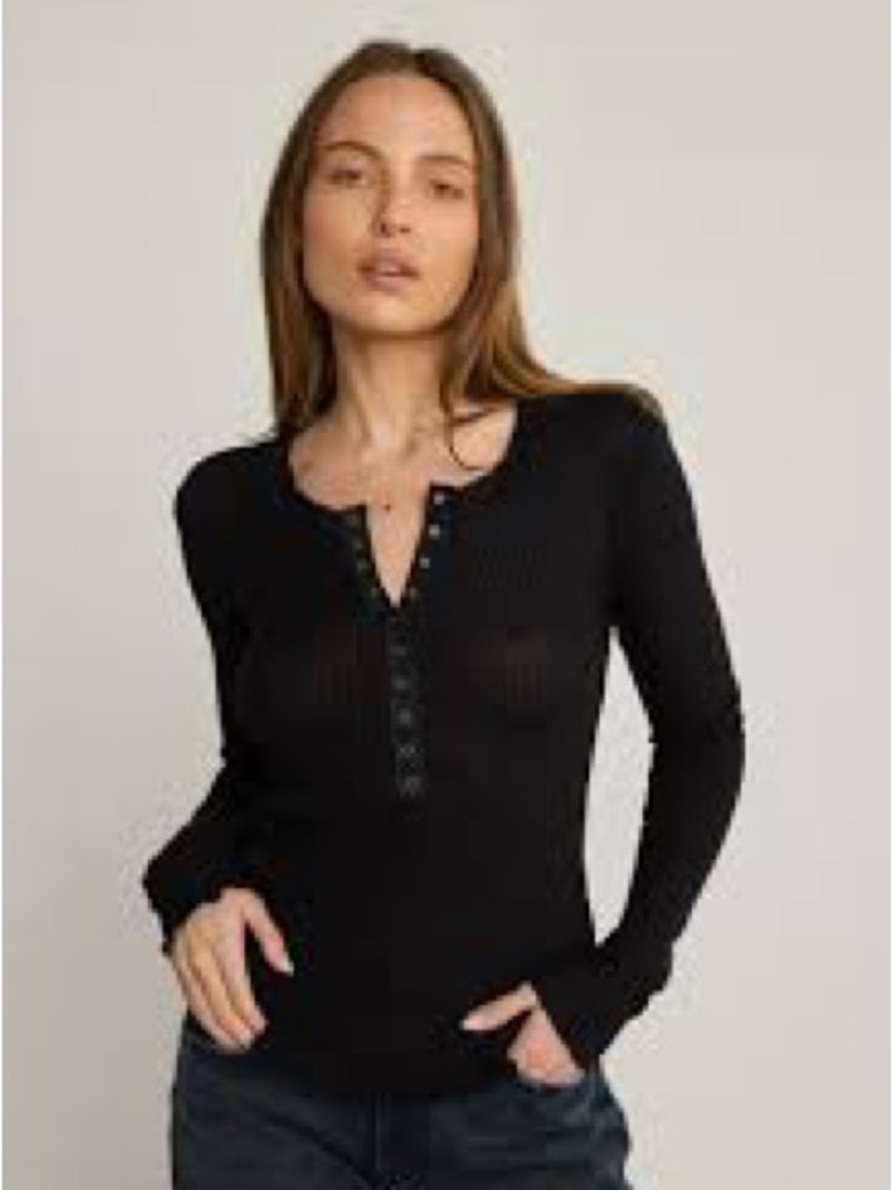 Free People - Womens Black Long-Sleeve Ribbed Henley Top (M)